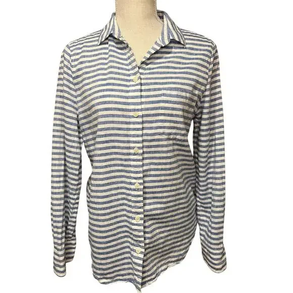 J. Crew Factory Blue & White Striped Linen/Cotton Blend Button Down Shirt sz SM - Picture 1 of 4